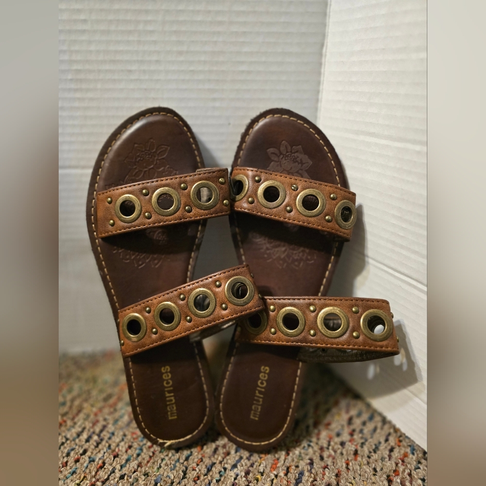 Maurices Women's 8M Sandals Slide Slip On Hole Design Brown Faux Leather Flat